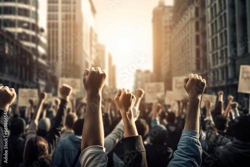 Peoples Raising Hands for Protest, anti war protest, Photo a crowd of protesters people fighting for their rights © MADNI