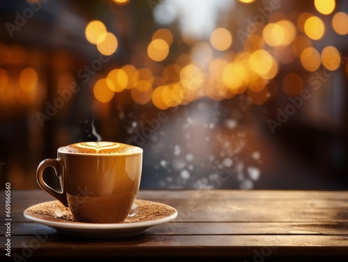 Coffee cup on the table in coffee shop with bokeh background