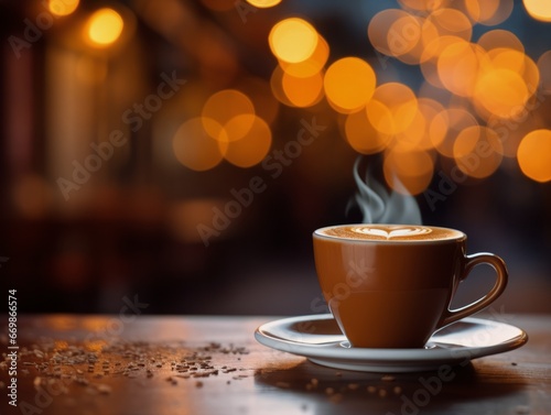 Coffee cup on the table in coffee shop with bokeh background