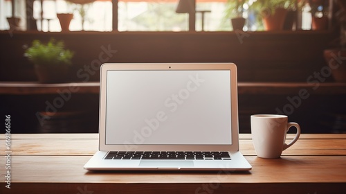 modern productivity: laptop with blank screen on table in cozy workspace - technology and remote work concept
