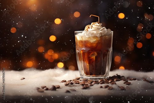 Cold Coffee on Snow Surface With Sparkling Background
