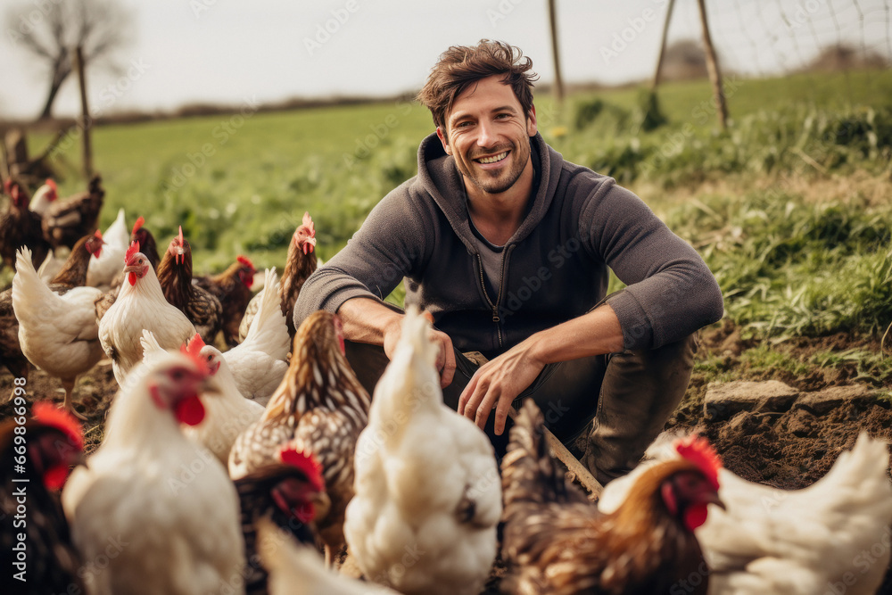 Fototapeta premium young man sitting his poultry farm