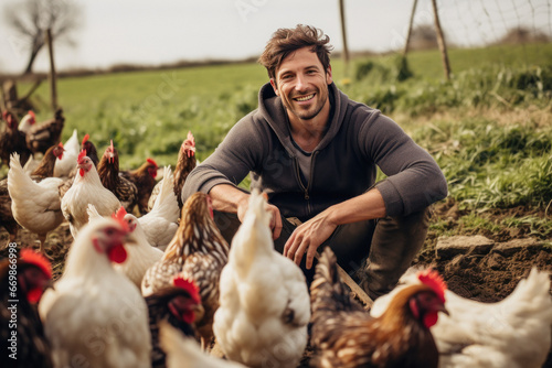 young man sitting his poultry farm photo