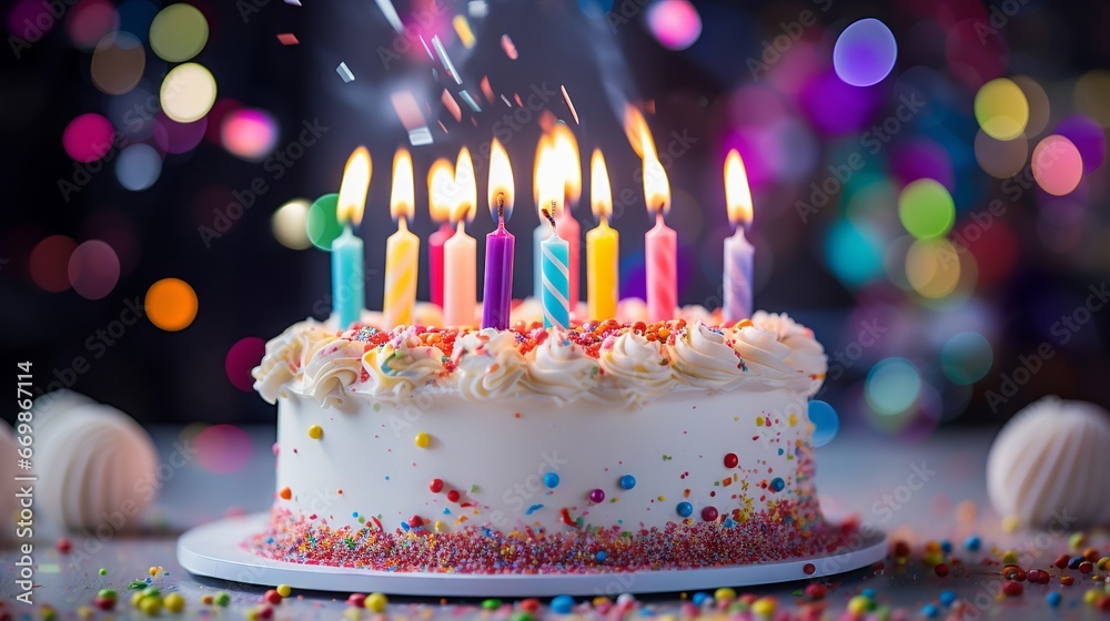 Colorful birthday cake with rainbow candles and balloons on a sparkling background Colorful birthday cake with rainbow candles and balloons on a sparkling background