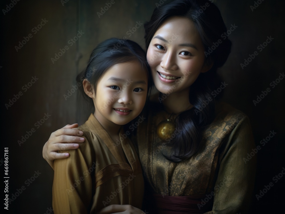 Portrait of happy asian mother and daughter looking at camera together Portrait of happy asian mother and daughter looking at camera together