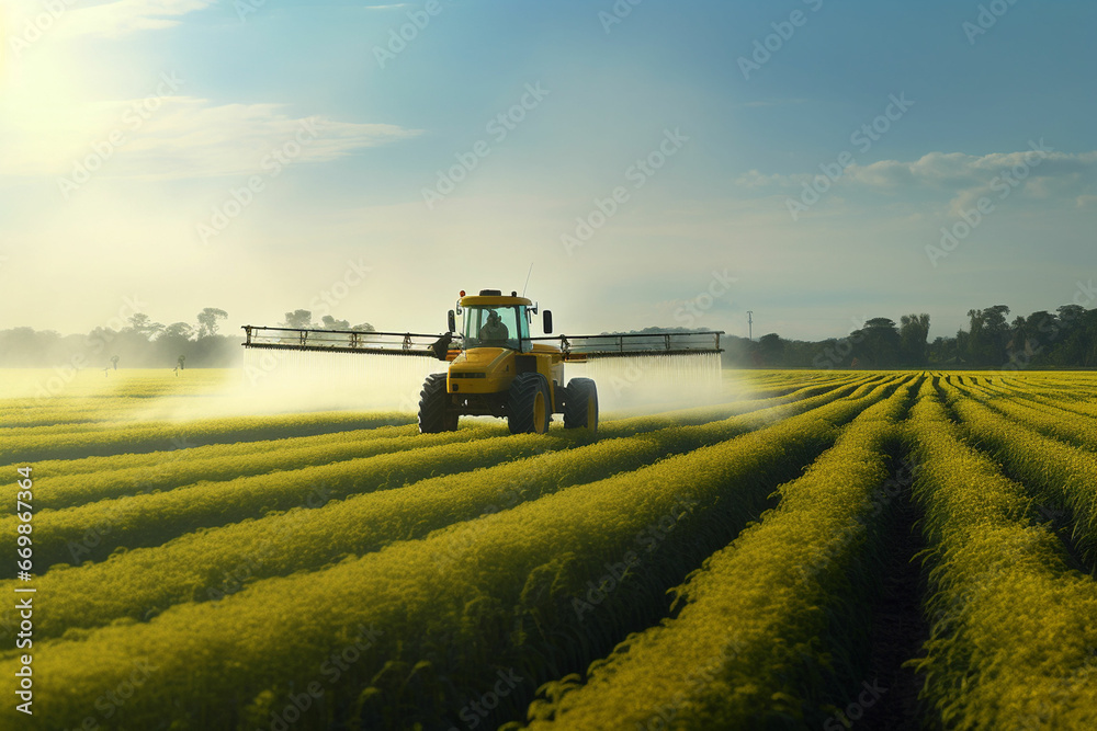 Tractor spraying pesticides fertilizer on crops farm field Tractor spraying pesticides fertilizer on crops farm field