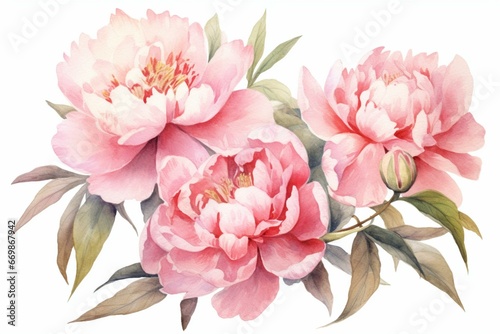 Old-fashioned card featuring beautiful pink watercolor peonies. Generative AI