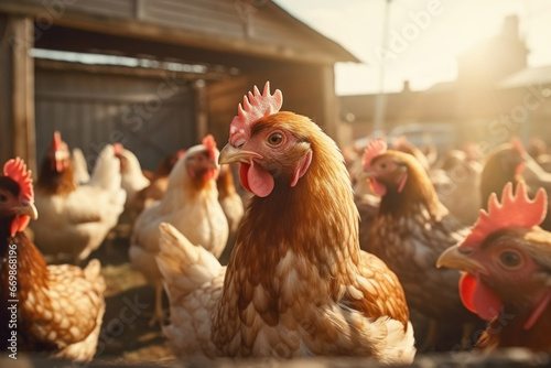 hen and its eggs are lying on the side in a poultry farm.