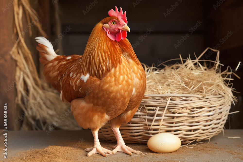 Fototapeta premium hen standing near eggs