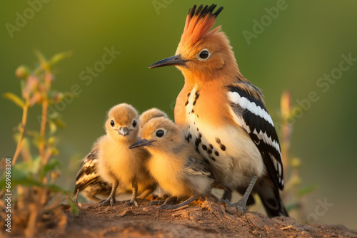 Eurasian hoopoe (Upupa epops) with chicks