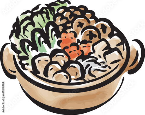 鍋　料理　日本食　墨絵　水墨画　水彩　手描き　イラスト素材
