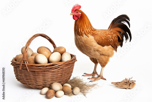hen standing near eggs