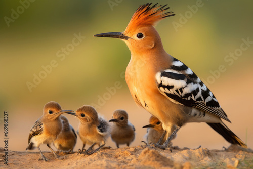 Eurasian hoopoe (Upupa epops) with chicks