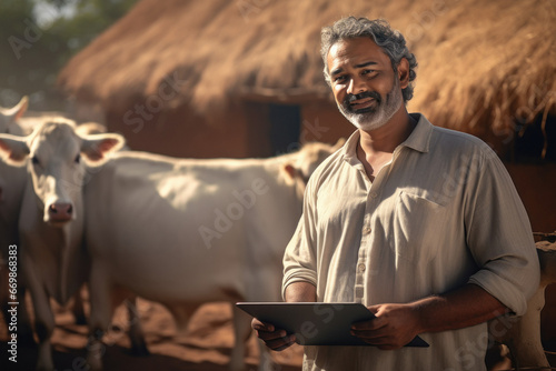 Indian man using laptop at his dairy farm photo