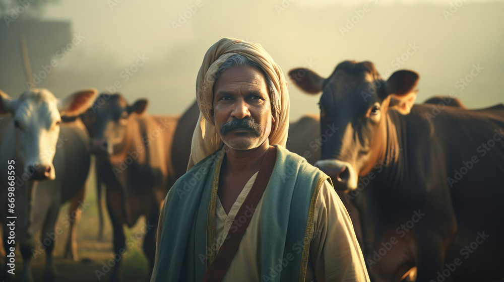 Indian herdsman with cows. rural scene