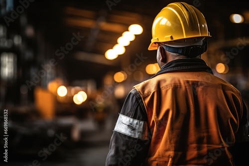 A factory worker that wearing fully PPE such as safety helmet and coverall uniform, standing on the factory workplace as background. Industrial challenge working scene. © Nattawit