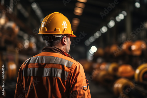 A factory worker that wearing fully PPE such as safety helmet and coverall uniform, standing on the factory workplace as background. Industrial challenge working scene. photo