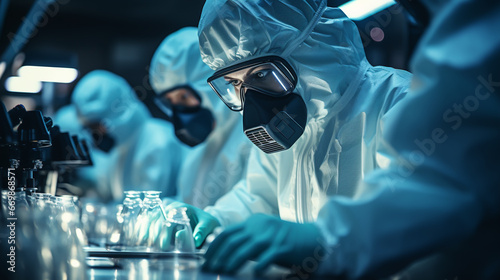 Scientist in protective PPE coveralls, goggles, mask and gloves working in medical laboratory, research, DNA, antiviral vaccine