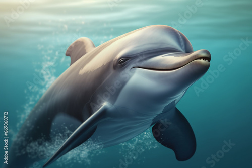 Nature, wildlife, animals concept. Happy dolphin jumping out of ocean or sea. Nautical background with copy space
