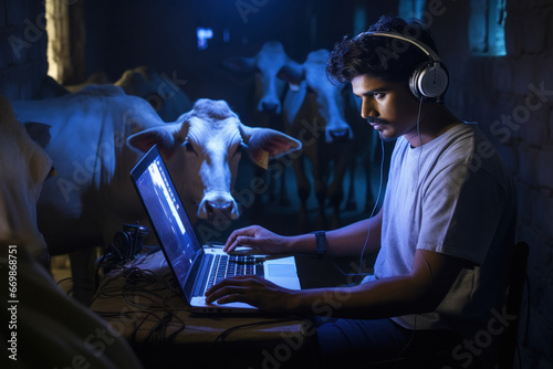 Indian man listening music in front of cow photo