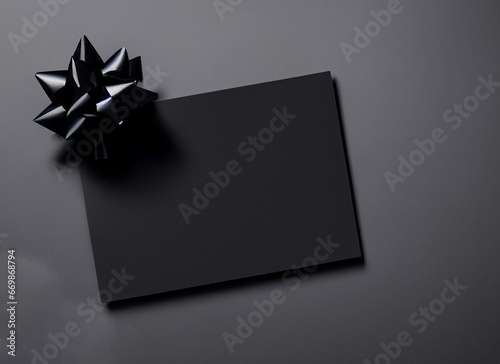 Black gift card with black ribbon bow with copy space