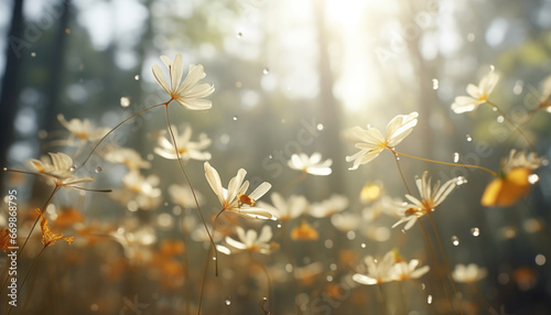 Blumen Pollen fliegen mit viel Licht im Wald herum als  Hintergrund