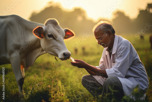 Indian animal doctor checking cow photo