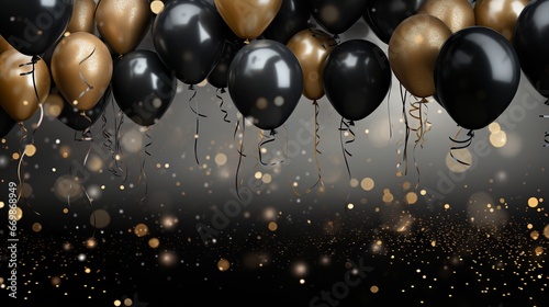 Dark gray background with black and golden balloons and sparkles