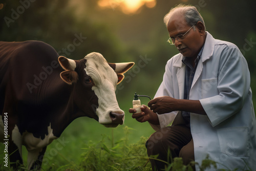 Indian animal doctor checking cow photo