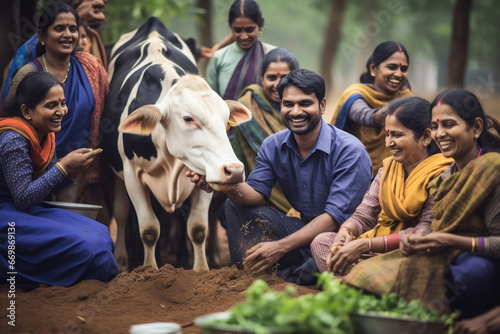 Indian volunteers take care of the cow