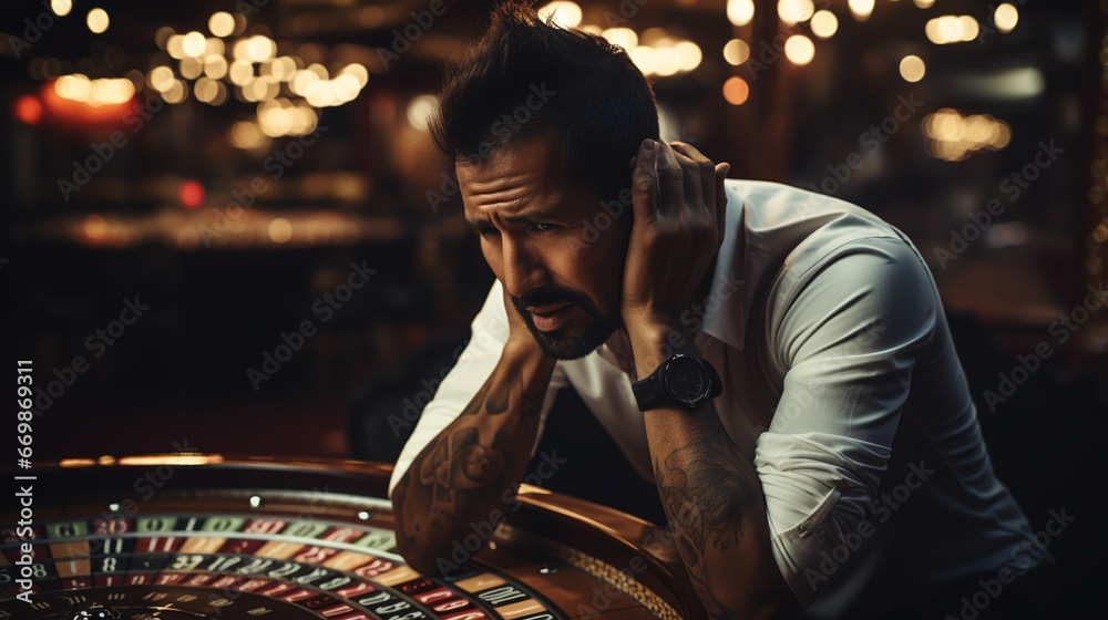Young devastated businessman losing poker game at casino, gambling addiction - obrazy, fototapety, plakaty 