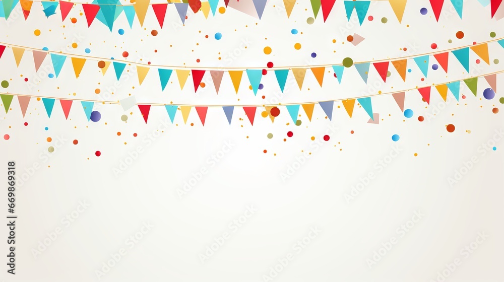 Festive banner with confetti and flags for various celebrations. Vector illustration with empty space for text.
