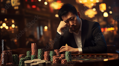 Young devastated businessman losing poker game at casino, gambling addiction photo