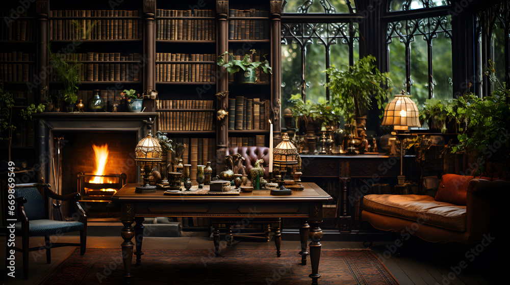 A library interior with high ceilings and grand architecture. vintage. Classical library room with old books on shelves. Bookshelves in the library. Large bookcase with lots of books.	
