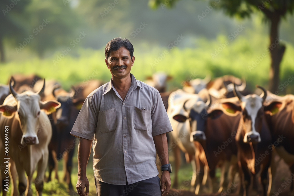 Indian man standing at his dairy farm with cow - obrazy, fototapety, plakaty 