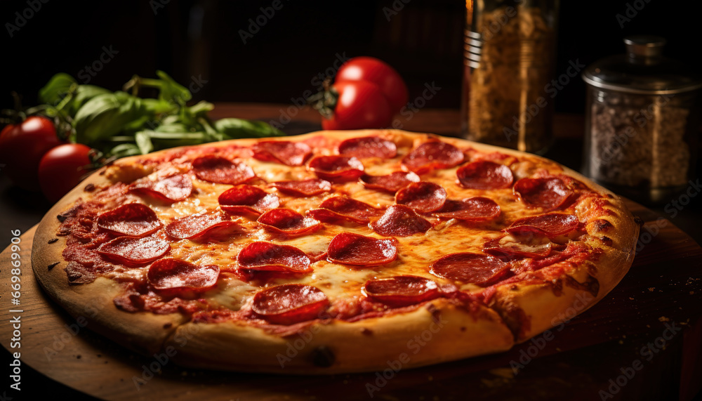 A classic pepperoni pizza on a marble counter, succulent toppings and soft, subtle shadows A classic pepperoni pizza on a marble counter, succulent toppings and soft, subtle shadows