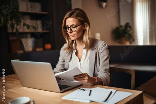 Elegant businesswoman holding documents and looking at camera while working from home. Freelancer working from home sitting at desk with laptop. Self employed business woman working from home.