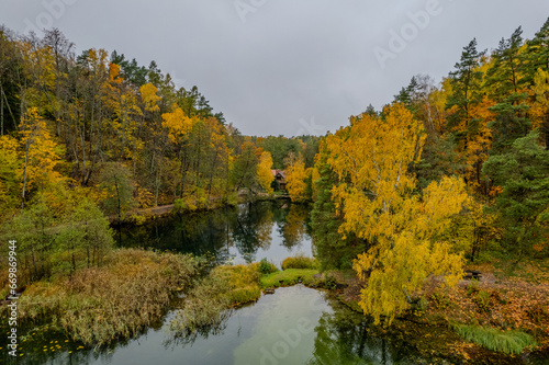 Aerial autumn fall view Green Lakes, Balsys Lake (Žalieji Ežerai) Vilnius, Lithuania