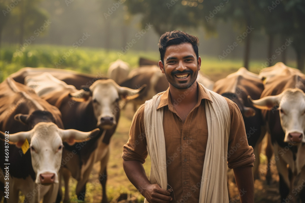 Indian man standing at his dairy farm with cow - obrazy, fototapety, plakaty 
