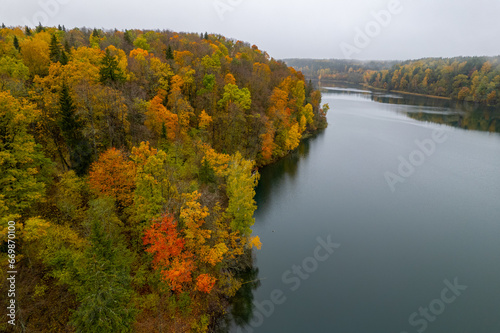 Aerial autumn fall view Green Lakes, Balsys Lake (Žalieji Ežerai) Vilnius, Lithuania