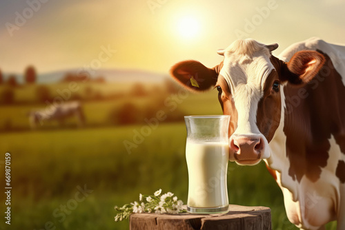 Cow standing, near full of milk bottle