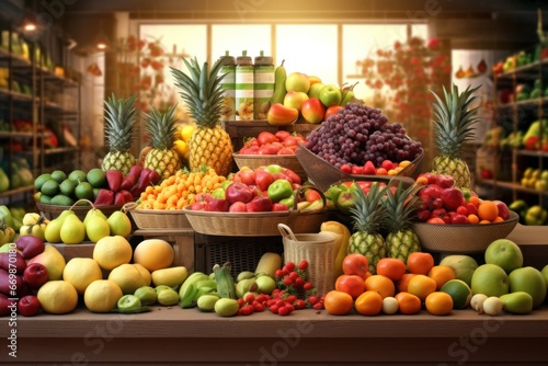 fresh fruit and vegetables in a basket, generative ai