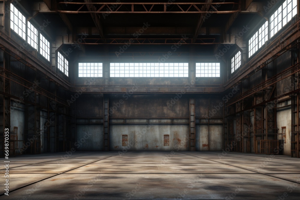 Evoking an Ambiance of Empty Warehouse with Dramatic Lighting. Generative Ai