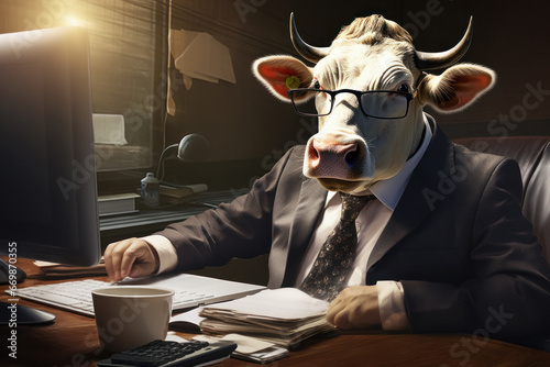 suit wearing cow using a laptop