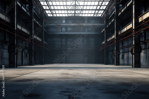 Evoking an Ambiance of Empty Warehouse with Dramatic Lighting. Generative Ai © Phichitpon