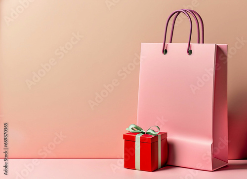 Shopping bag near placard pastel background with copy space