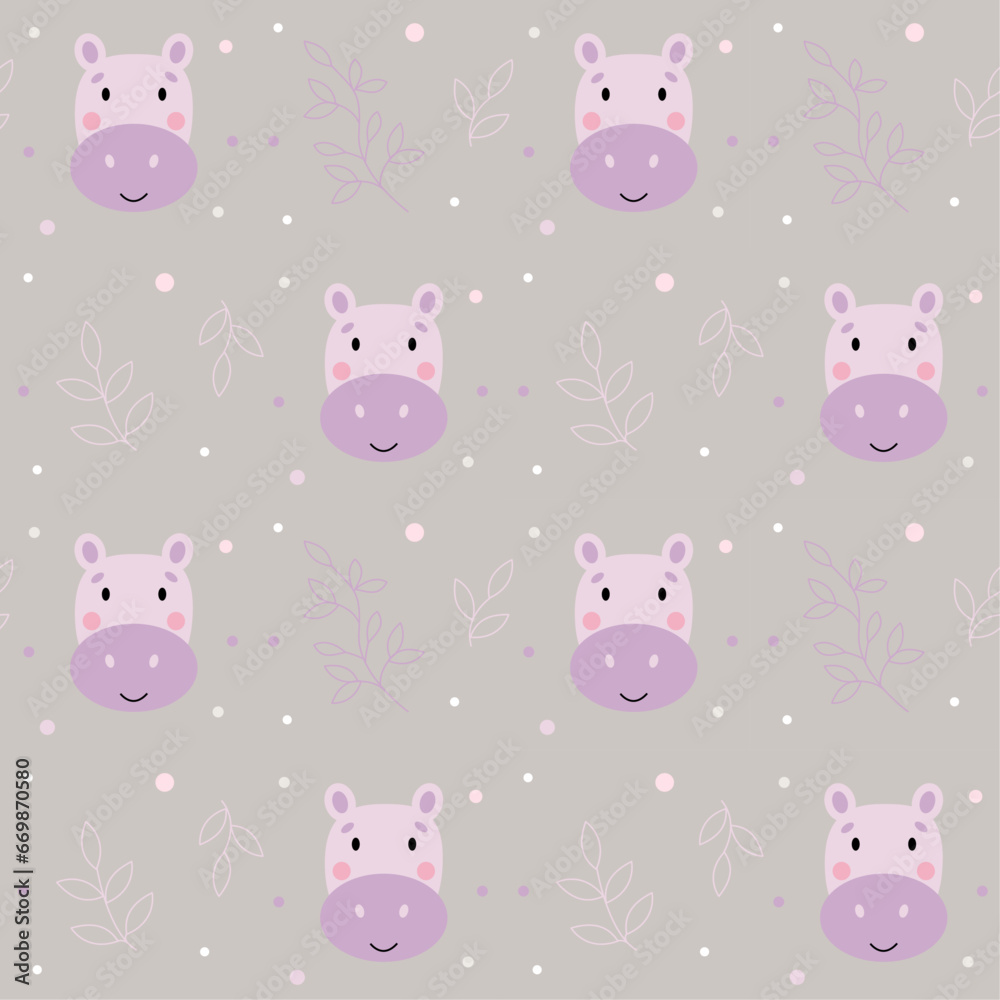 Children's patern with cute pink hippos and floral patterns on a gray background, hand drawn vector illustration. Children's patern with cute pink hippos and floral patterns on a gray background, hand drawn vector illustration.