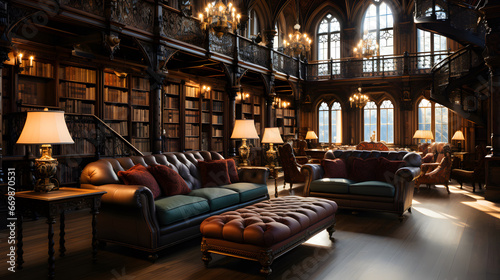 A library interior with high ceilings and grand architecture. vintage. Classical library room with old books on shelves. Bookshelves in the library. Large bookcase with lots of books.  