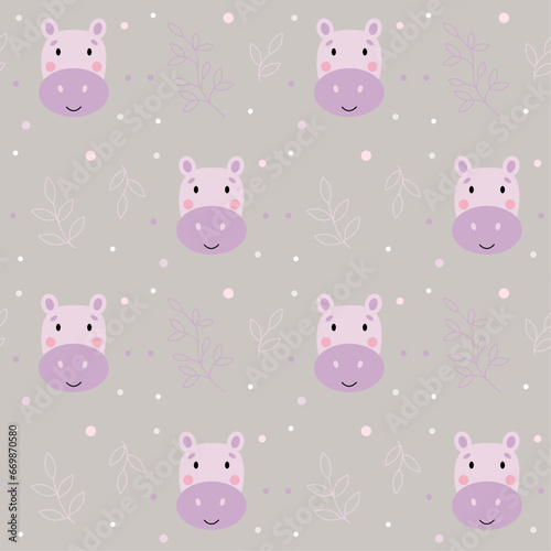 Children's patern with cute pink hippos and floral patterns on a gray background, hand drawn vector illustration.