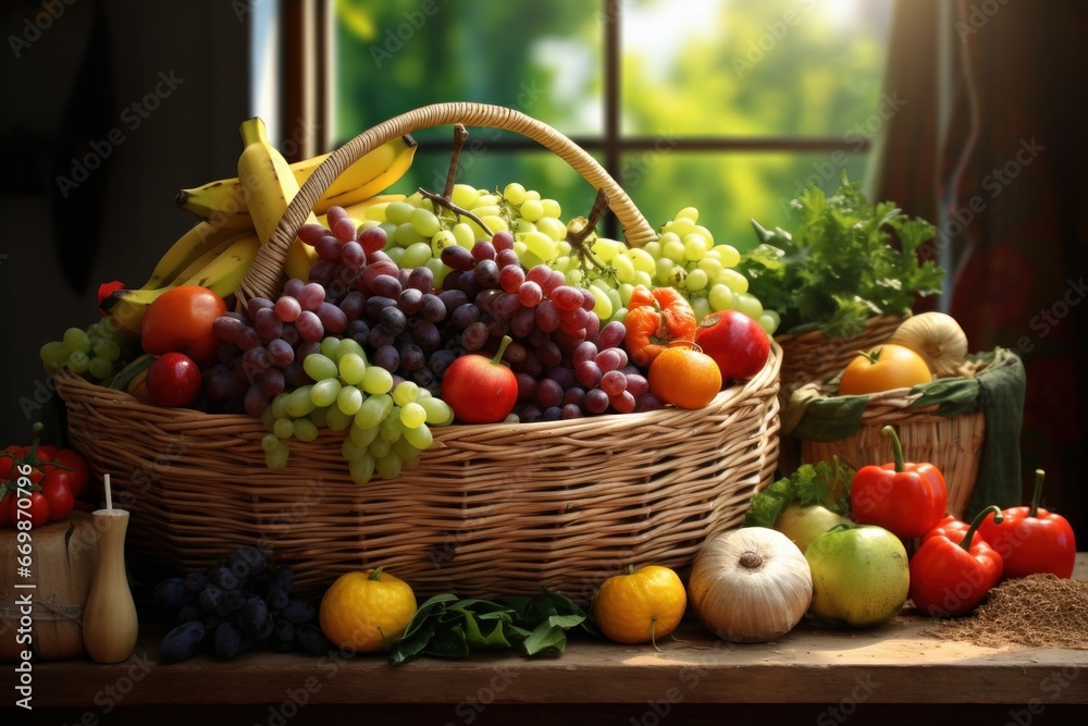 fresh fruit and vegetables in a basket, generative ai